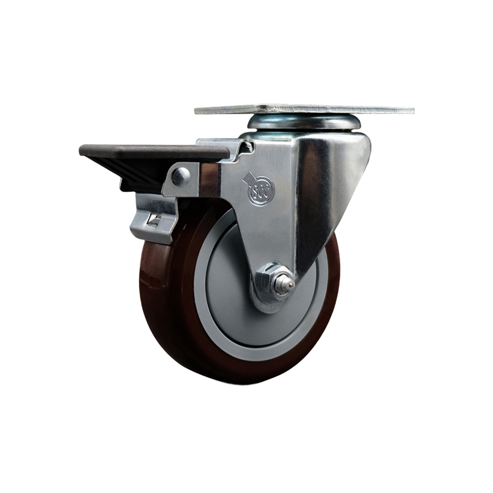 Polyurethane Swivel Top Plate Swivel Caster with 4 Inch Maroon Wheel and Posi Locking Brake - 350 lbs. Capacity Per Caster - Service Caster Brand — photo 1