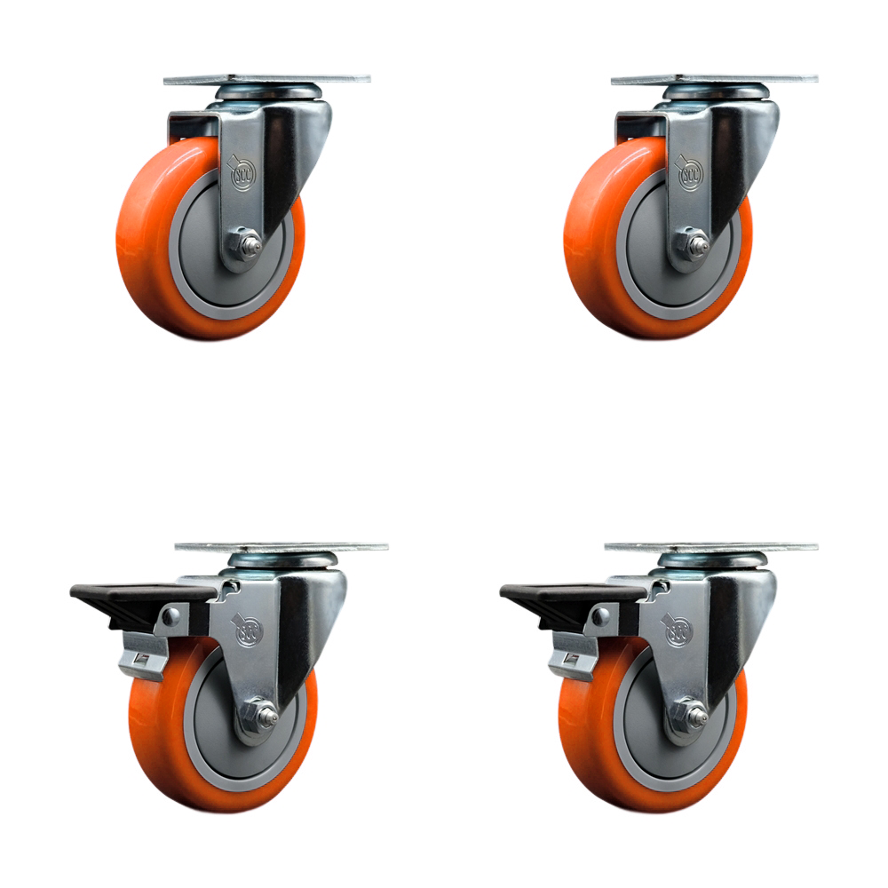Polyurethane Swivel Top Plate Caster Set of 4 with 4 Inch Orange Wheels - Includes 2 Swivel with Posi Locking Brakes and 2 Swivel - 1400 lbs. Total Capacity - Service Caster Brand — photo 1