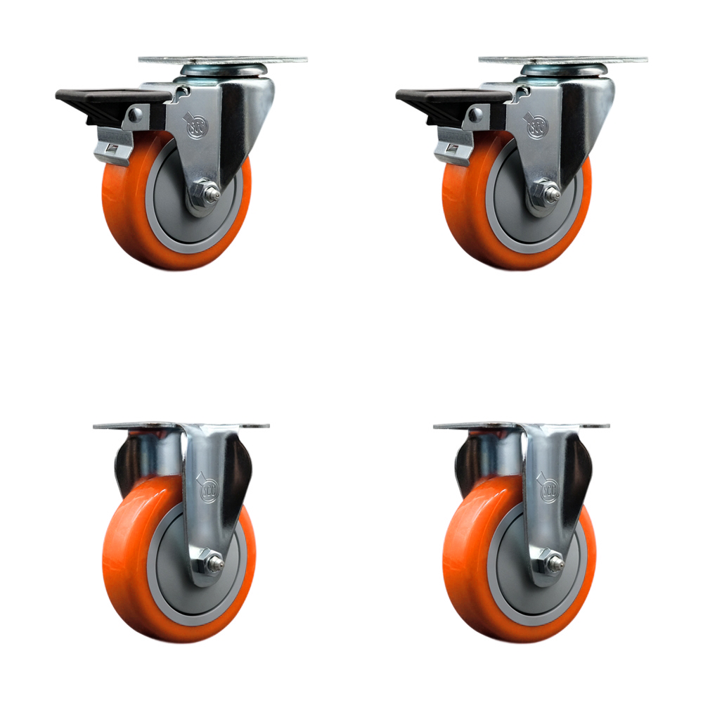 Polyurethane Swivel Top Plate Caster Set of 4 with 4 Inch Orange Wheels - Includes 2 Swivel with Posi Locking Brakes and 2 Rigid - 1400 lbs. Total Capacity - Service Caster Brand — photo 1