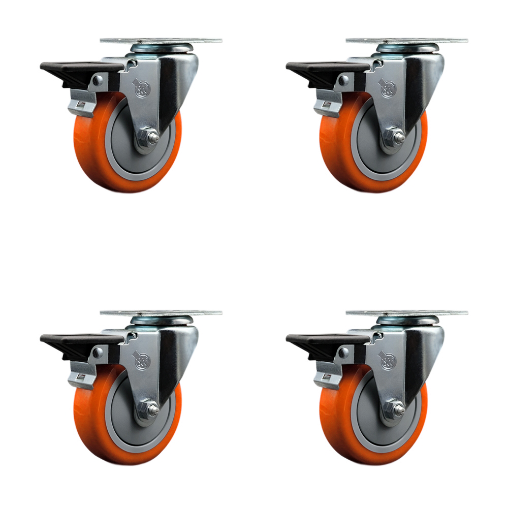 Polyurethane Swivel Top Plate Caster Set of 4 with 4 Inch Orange Wheels - Includes 4 Swivel with Posi Lock Brakes - 1400 lbs. Total Capacity - Service Caster Brand — photo 1