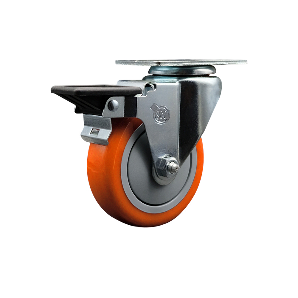 Polyurethane Swivel Top Plate Swivel Caster with 4 Inch Orange Wheel and Posi Locking Brake - 350 lbs. Capacity Per Caster - Service Caster Brand — photo 1