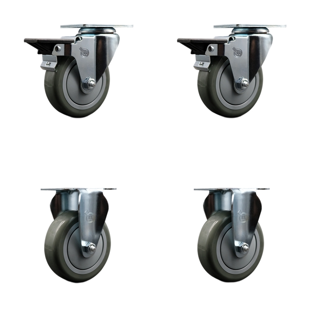 Polyurethane Swivel Top Plate Caster Set of 4 with 4 Inch Gray Wheels - Includes 2 Swivel with Posi Locking Brakes and 2 Rigid - 1400 lbs. Total Capacity - Service Caster Brand — photo 1