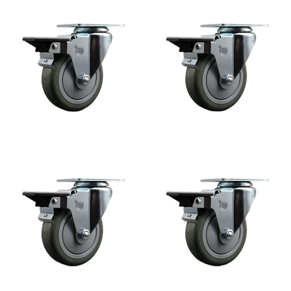 Polyurethane Swivel Top Plate Caster Set of 4 with 4 Inch Gray Wheels - Includes 4 Swivel with Posi Lock Brakes - 1400 lbs. Total Capacity - Service Caster Brand — photo 1