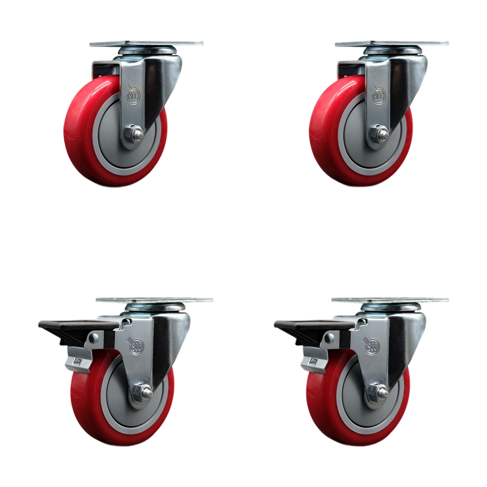Polyurethane Swivel Top Plate Caster Set of 4 with 4 Inch Red Wheels - Includes 2 Swivel with Posi Locking Brakes and 2 Swivel - 1400 lbs. Total Capacity - Service Caster Brand — photo 1