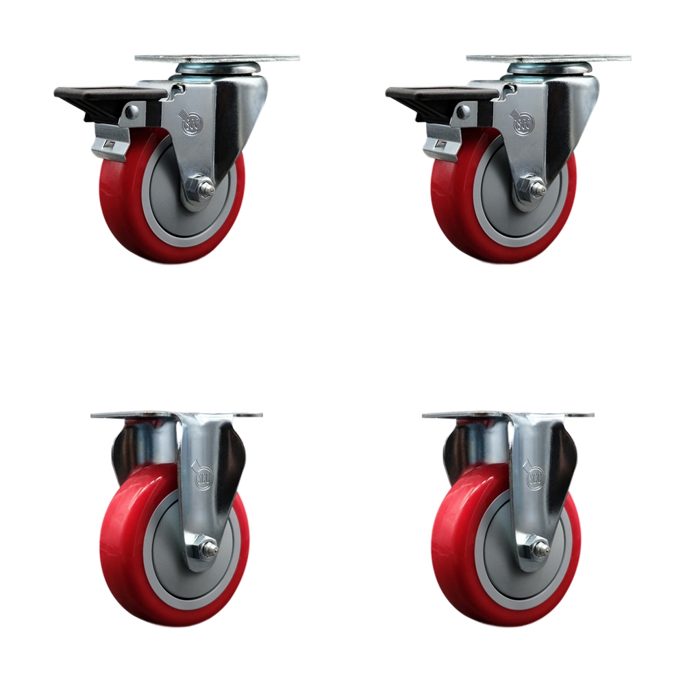 Polyurethane Swivel Top Plate Caster Set of 4 with 4 Inch Red Wheels - Includes 2 Swivel with Posi Locking Brakes and 2 Rigid - 1400 lbs. Total Capacity - Service Caster Brand — photo 1