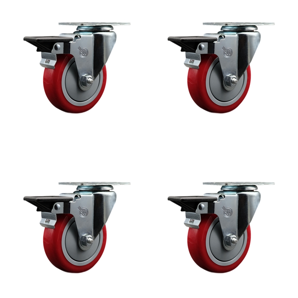 Polyurethane Swivel Top Plate Caster Set of 4 with 4 Inch Red Wheels - Includes 4 Swivel with Posi Lock Brakes - 1400 lbs. Total Capacity - Service Caster Brand — photo 1