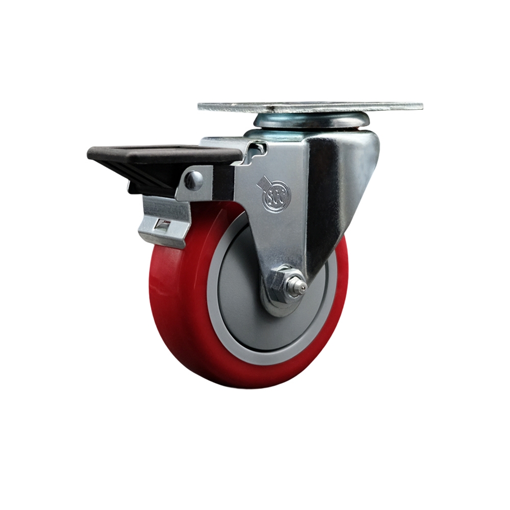 Polyurethane Swivel Top Plate Swivel Caster with 4 Inch Red Wheel and Posi Locking Brake - 350 lbs. Capacity Per Caster - Service Caster Brand — photo 1
