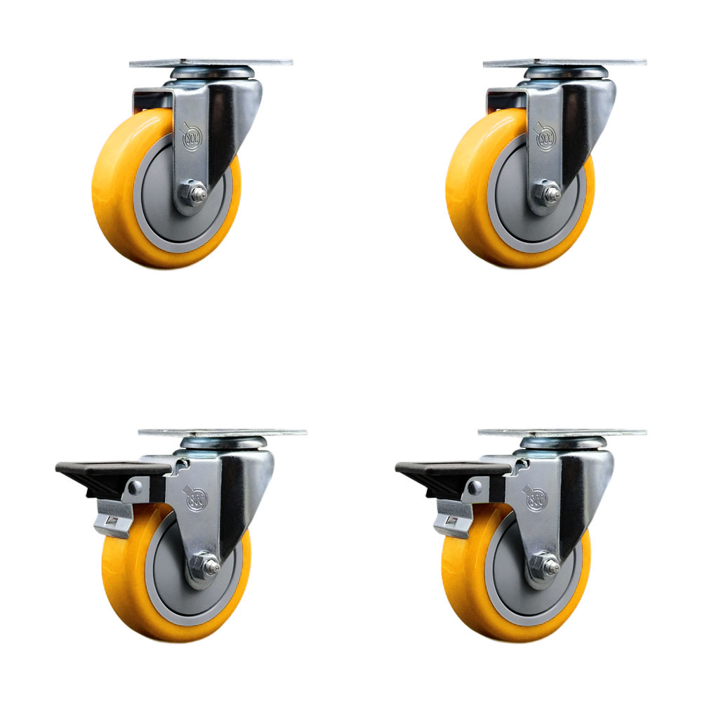 Polyurethane Swivel Top Plate Caster Set of 4 with 4 Inch Yellow Wheels - Includes 2 Swivel with Posi Locking Brakes and 2 Swivel - 1400 lbs. Total Capacity - Service Caster Brand — photo 1
