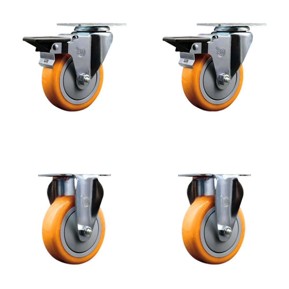 Polyurethane Swivel Top Plate Caster Set of 4 with 4 Inch Yellow Wheels - Includes 2 Swivel with Posi Locking Brakes and 2 Rigid - 1400 lbs. Total Capacity - Service Caster Brand — photo 1