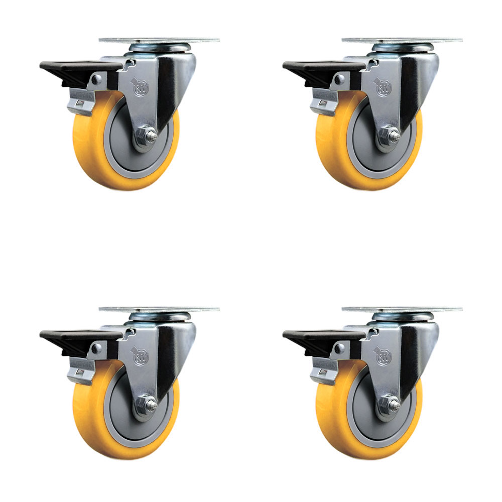Polyurethane Swivel Top Plate Caster Set of 4 with 4 Inch Yellow Wheels - Includes 4 Swivel with Posi Lock Brakes - 1400 lbs. Total Capacity - Service Caster Brand — photo 1