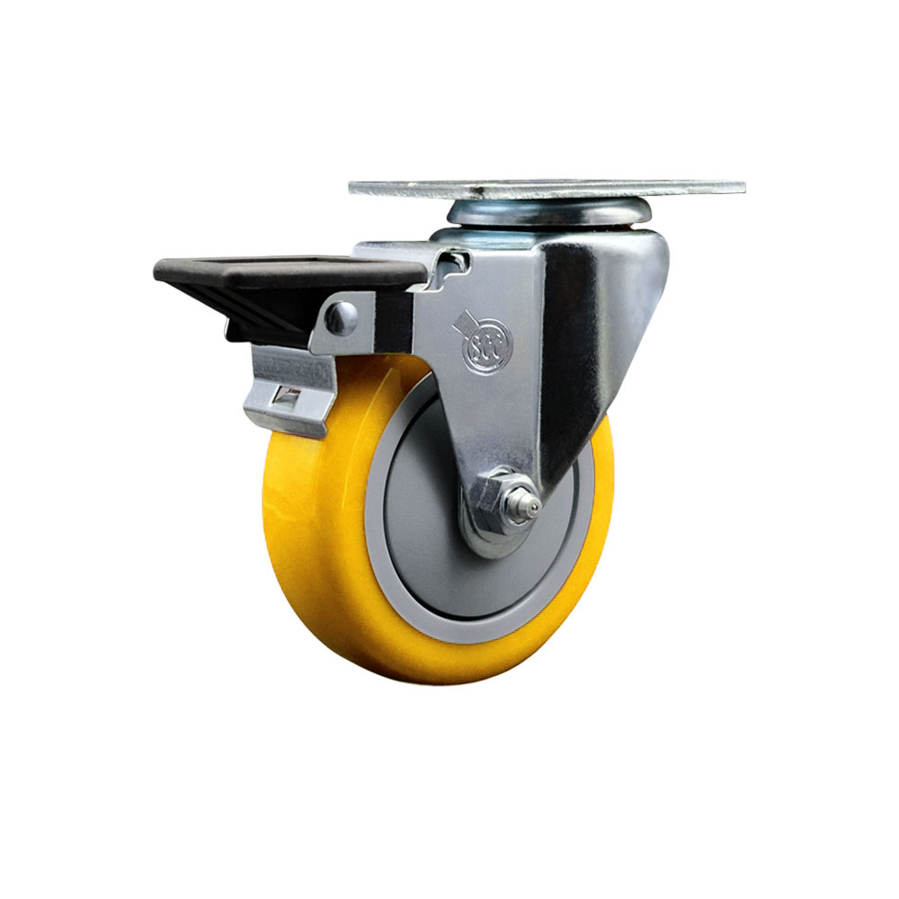 Polyurethane Swivel Top Plate Swivel Caster with 4 Inch Yellow Wheel and Posi Locking Brake - 350 lbs. Capacity Per Caster - Service Caster Brand — photo 1