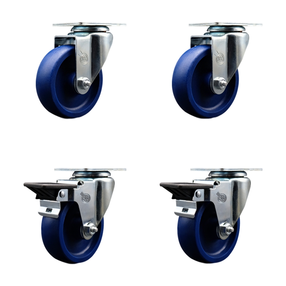 Solid Polyurethane Swivel Top Plate Caster Set of 4 with 4 Inch Blue Wheels - Includes 2 Swivel with Posi Locking Brakes and 2 Swivel - 1200 lbs. Total Capacity - Service Caster Brand — photo 1