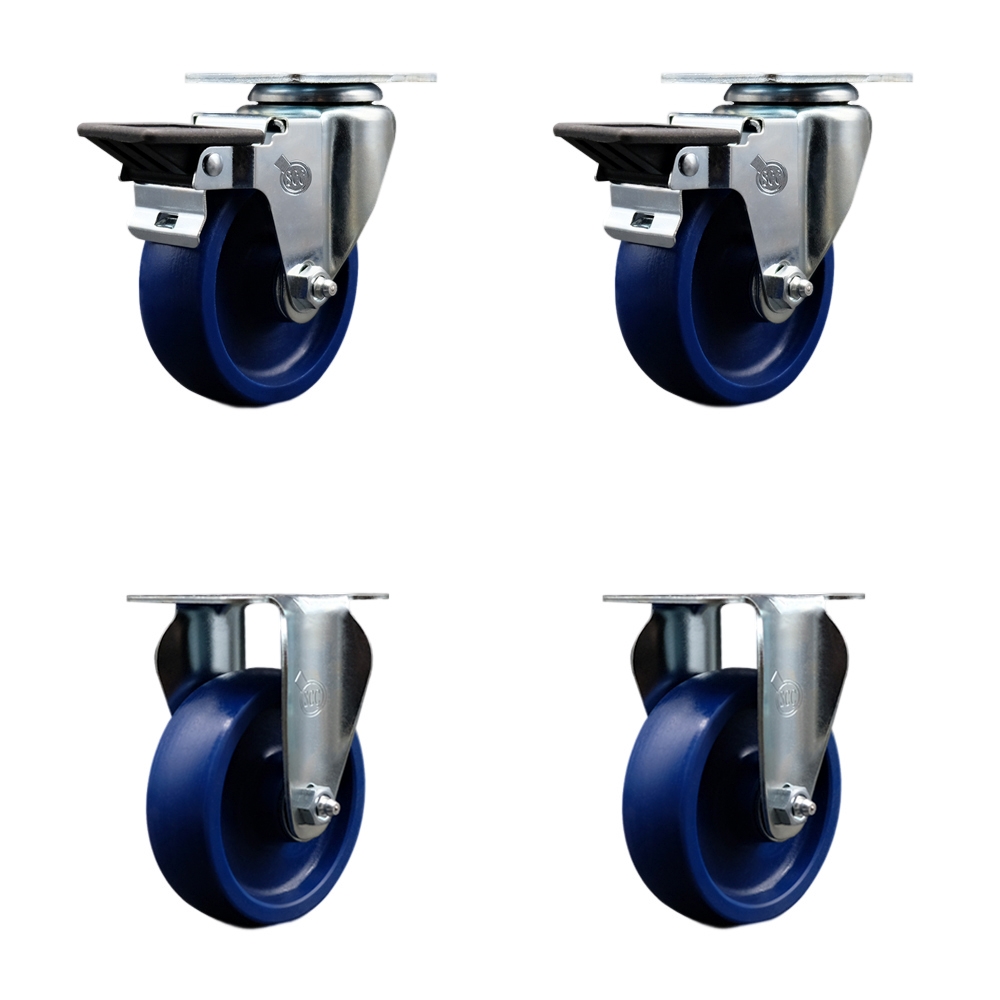 Solid Polyurethane Swivel Top Plate Caster Set of 4 with 4 Inch Blue Wheels - Includes 2 Swivel with Posi Locking Brakes and 2 Rigid - 1200 lbs. Total Capacity - Service Caster Brand — photo 1