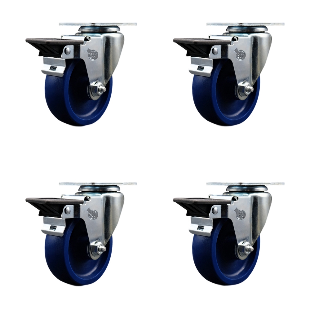 Solid Polyurethane Swivel Top Plate Caster Set of 4 with 4 Inch Blue Wheels - Includes 4 Swivel with Posi Lock Brakes - 1200 lbs. Total Capacity - Service Caster Brand — photo 1