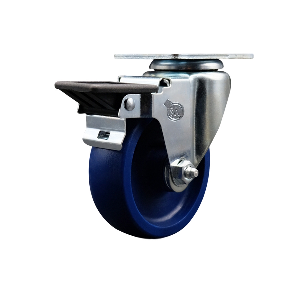 Solid Polyurethane Swivel Top Plate Swivel Caster with 4 Inch Blue Wheel and Posi Locking Brake - 300 lbs. Capacity Per Caster - Service Caster Brand — photo 1