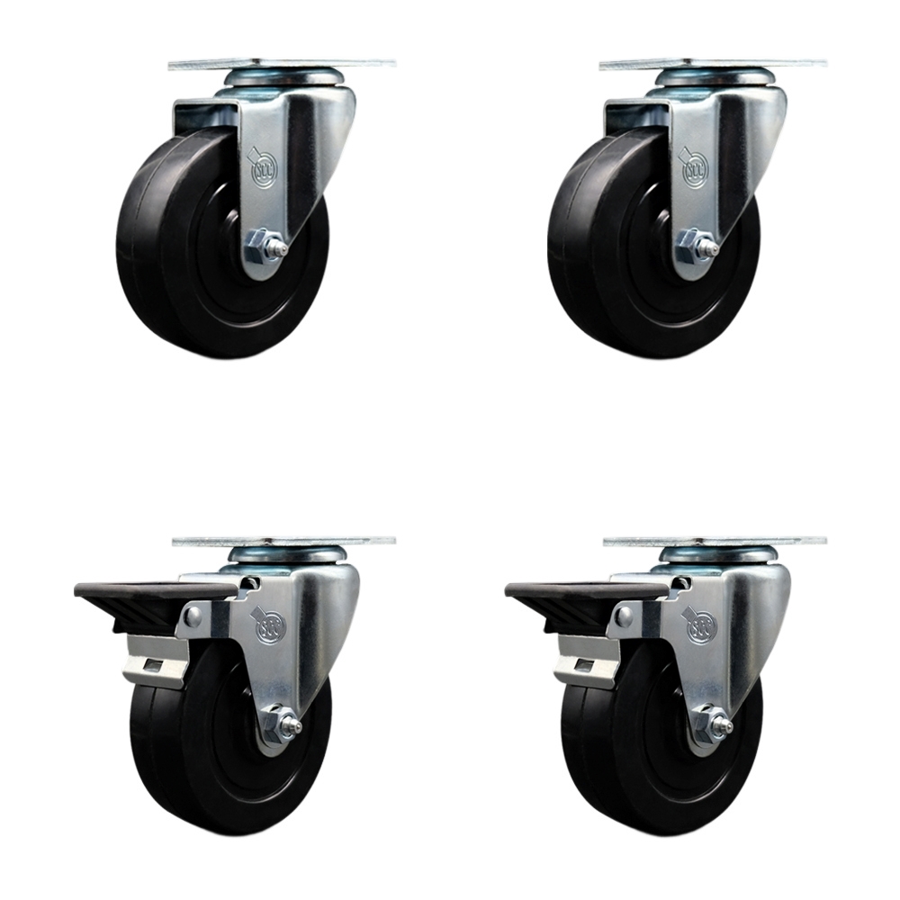 Soft Rubber Swivel Top Plate Caster Set of 4 with 4 Inch Black Wheels - Includes 2 Swivel with Posi Locking Brakes and 2 Swivel - 800 lbs. Total Capacity - Service Caster Brand — photo 1