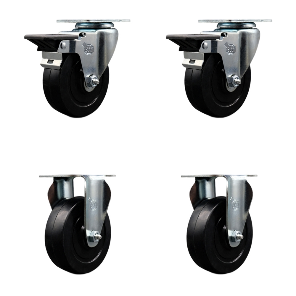 Soft Rubber Swivel Top Plate Caster Set of 4 with 4 Inch Black Wheels - Includes 2 Swivel with Posi Locking Brakes and 2 Rigid - 800 lbs. Total Capacity - Service Caster Brand — photo 1