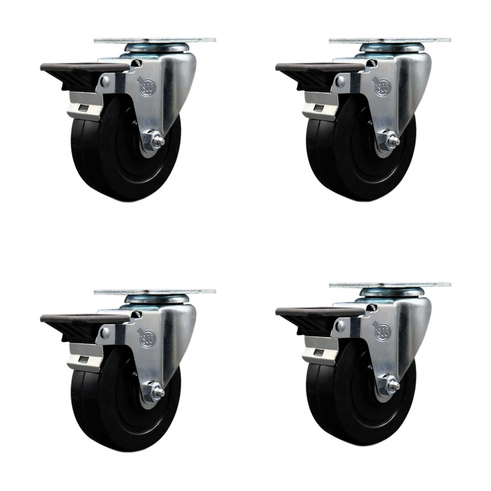Soft Rubber Swivel Top Plate Caster Set of 4 with 4 Inch Black Wheels - Includes 4 Swivel with Posi Lock Brakes - 800 lbs. Total Capacity - Service Caster Brand — photo 1