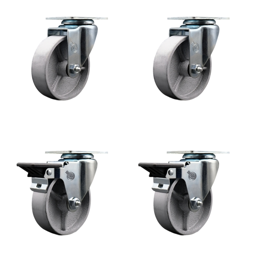 Semi Steel Cast Iron Swivel Top Plate Caster Set of 4 with 4 Inch Silver Wheels - Includes 2 Swivel with Posi Locking Brakes and 2 Swivel - 1200 lbs. Total Capacity - Service Caster Brand — photo 1