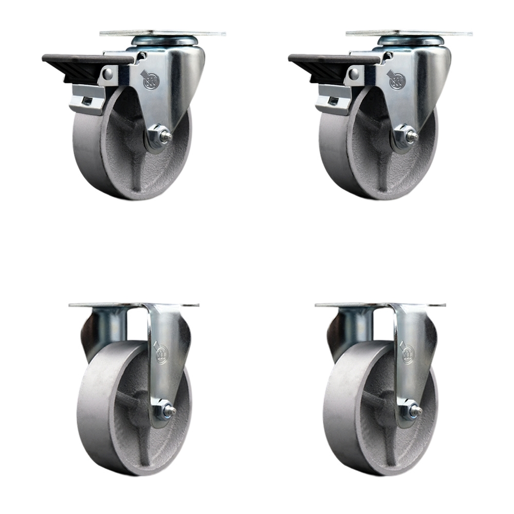Semi Steel Cast Iron Swivel Top Plate Caster Set of 4 with 4 Inch Silver Wheels - Includes 2 Swivel with Posi Locking Brakes and 2 Rigid - 1200 lbs. Total Capacity - Service Caster Brand — photo 1