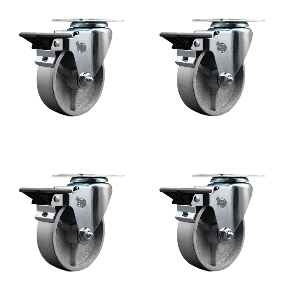 Semi Steel Cast Iron Swivel Top Plate Caster Set of 4 with 4 Inch Silver Wheels - Includes 4 Swivel with Posi Lock Brakes - 1200 lbs. Total Capacity - Service Caster Brand — photo 1