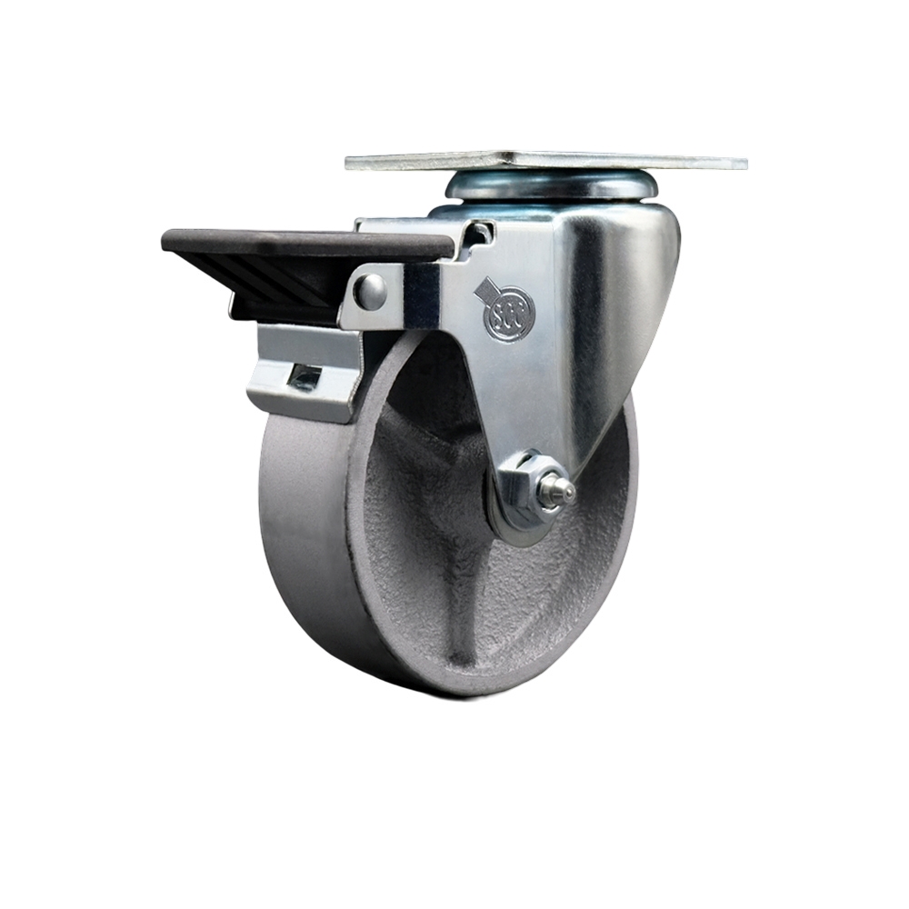 Semi Steel Cast Iron Swivel Top Plate Swivel Caster with 4 Inch Silver Wheel and Posi Locking Brake - 300 lbs. Capacity Per Caster - Service Caster Brand — photo 1