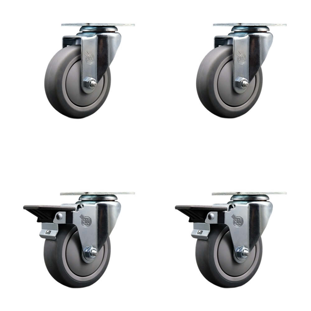Thermoplastic Rubber Swivel Top Plate Caster Set of 4 with 4 Inch Gray Wheels - Includes 2 Swivel with Posi Locking Brakes and 2 Swivel - 1000 lbs. Total Capacity - Service Caster Brand — photo 1