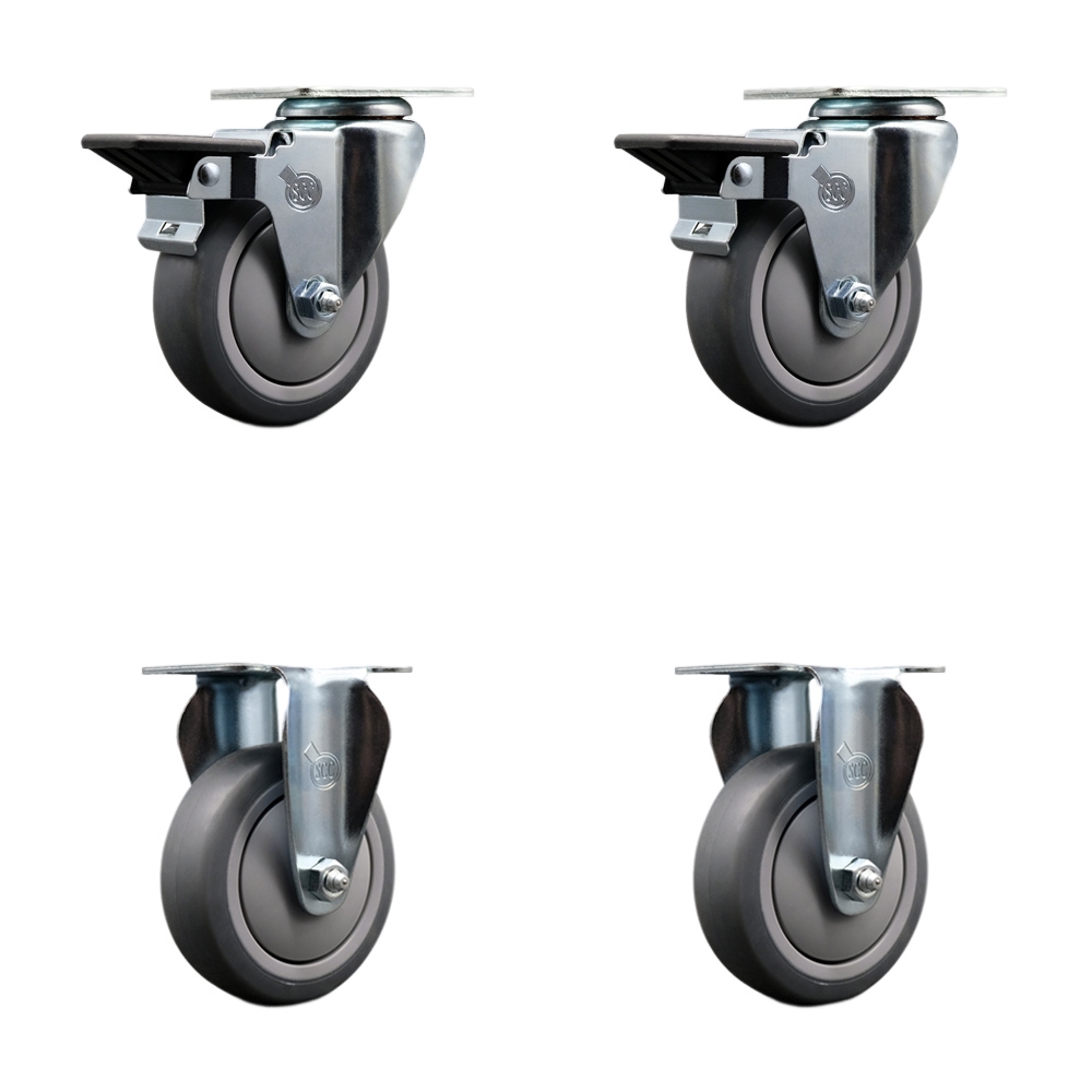 Thermoplastic Rubber Swivel Top Plate Caster Set of 4 with 4 Inch Gray Wheels - Includes 2 Swivel with Posi Locking Brakes and 2 Rigid - 1000 lbs. Total Capacity - Service Caster Brand — photo 1