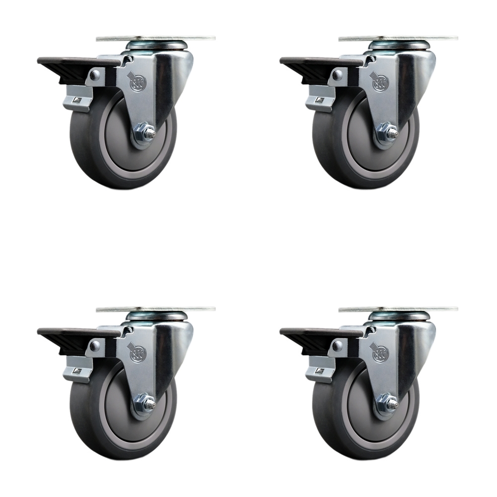 Thermoplastic Rubber Swivel Top Plate Caster Set of 4 with 4 Inch Gray Wheels - Includes 4 Swivel with Posi Lock Brakes - 1000 lbs. Total Capacity - Service Caster Brand — photo 1