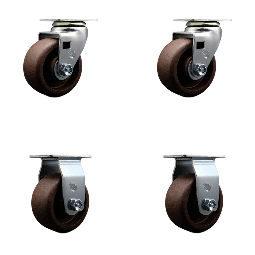 Swivel and Rigid Plate Caster Set–Brown 4 Inch by 2 Inch High Temperature Glass Filled Nylon Wheel–Bronze Bearing–1,800lbs. Total Capacity –Includes 2 Swivel and 2 Rigid Casters – Service Caster Brand — photo 1
