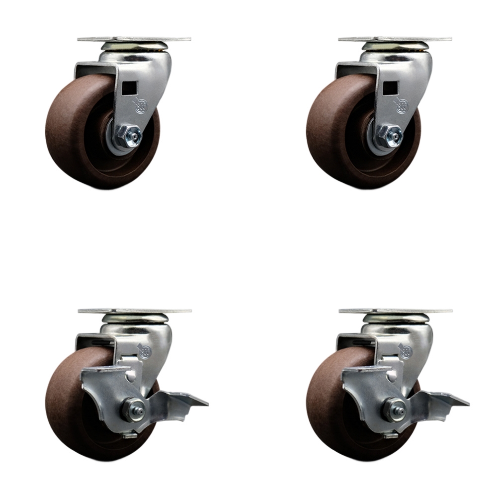 Swivel Top Plate Caster Set–Brown 4 Inch by 2 Inch High Temperature Glass Filled Nylon Wheel–Roller Bearing–1,800lbs. Total Capacity–Includes 2 Locking Casters and 2 Swivel Caster–Service Caster Brand — photo 1