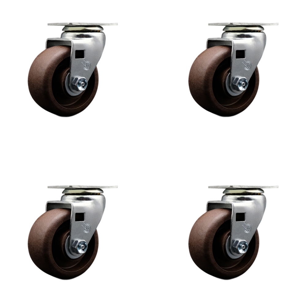 Swivel Top Plate Caster Set – Brown 4 Inch by 2 Inch High Temperature Glass Filled Nylon Wheel – Bronze Bearing – 1,800 lbs. Total Capacity – Includes 4 Swivel Casters – Service Caster Brand — photo 1