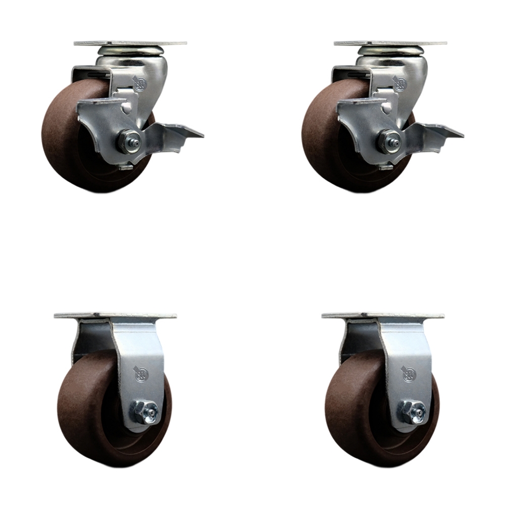 Swivel and Rigid Plate Caster Set–Brown 4 Inch by 2 Inch High Temp Glass Filled Nylon Wheel–Bronze Bearing–1,800lbs. Total Capacity–Includes 2 Locking Swivel and 2 Rigid Casters–Service Caster Brand — photo 1