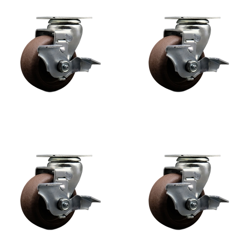 Swivel Top Plate Caster Set–Brown 4 Inch by 2 Inch High Temperature Glass Filled Nylon Wheel–Roller Bearing –1,800lbs. Total Capacity–Includes 4 Swivel Casters with Locking Brakes–Service Caster Brand — photo 1