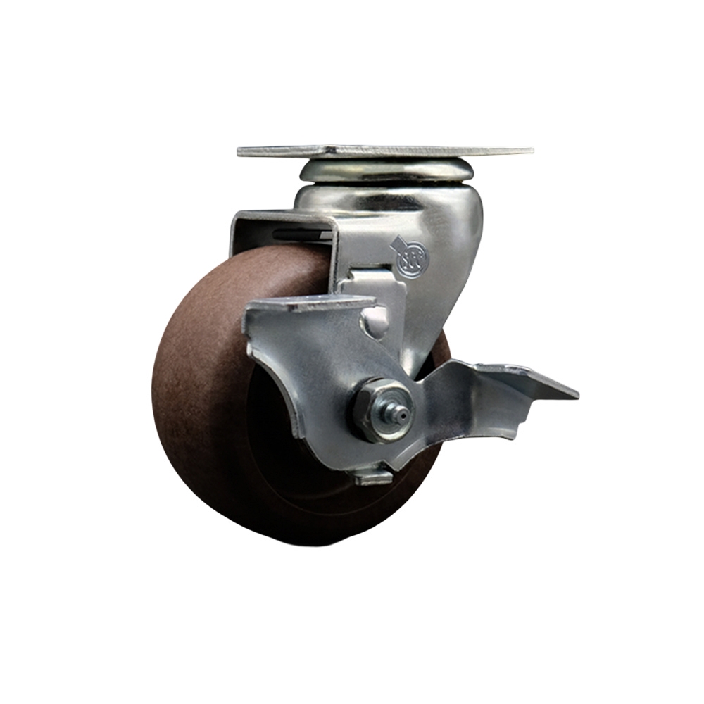 Swivel Top Plate Caster – Brown 4 Inch by 2 Inch High Temperature Glass Filled Nylon Wheel – Bronze Bearing – 450 lbs. Capacity Per Caster – Includes Top Locking Brake - Service Caster Brand — photo 1