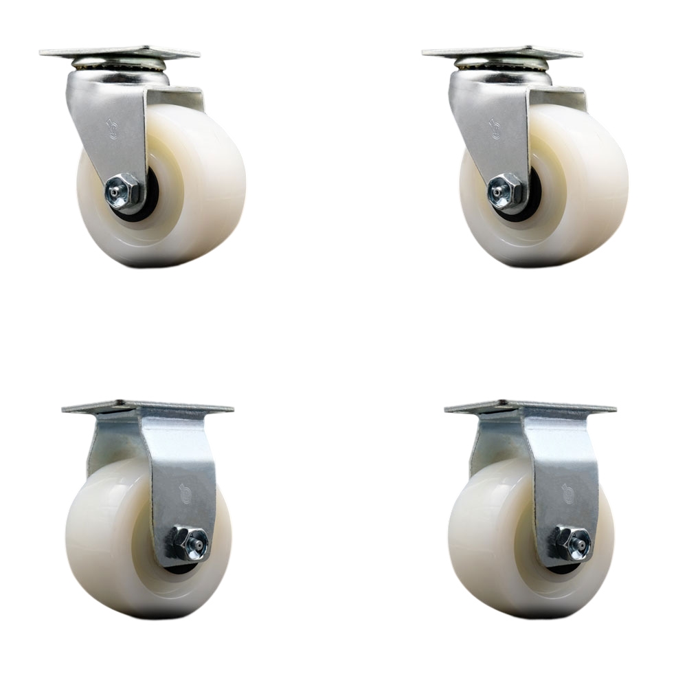 Swivel and Rigid Top Plate Caster Set – White 4 Inch by 2 Inch Nylon Wheel – Roller Bearing – 1,800 lbs. Total Capacity – Includes 2 Swivel and 2 Rigid Casters – Service Caster Brand — photo 1