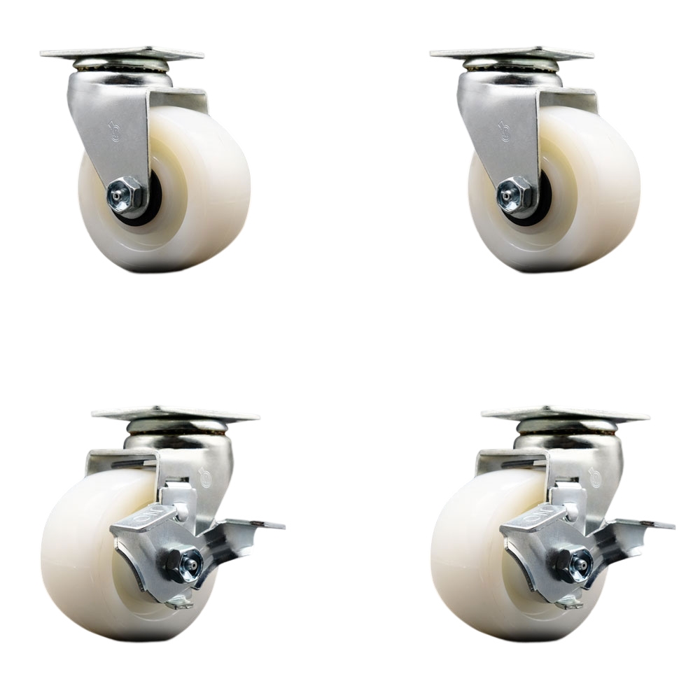 Swivel Top Plate Caster Set – White 4 Inch by 2 Inch Nylon Wheel – Roller Bearing – 1,800 lbs. Total Capacity – Includes 2 Locking Swivel Casters and 2 Swivel Casters – Service Caster Brand — photo 1