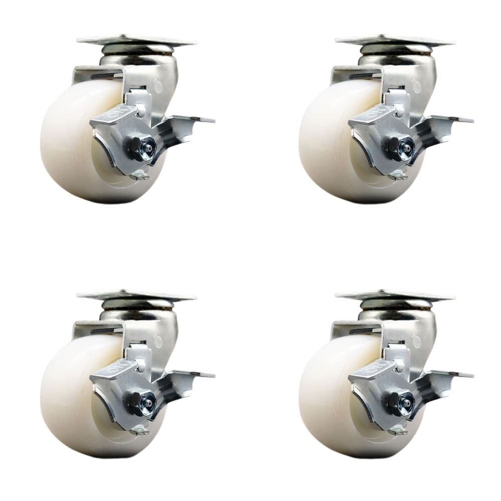 Swivel Top Plate Caster Set – White 4 Inch by 2 Inch Nylon Wheel – Roller Bearing – 1,800 lbs. Total Capacity – Includes 4 Swivel Casters with Top Locking Brakes – Service Caster Brand — photo 1