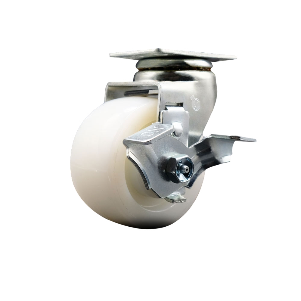 Swivel Top Plate Caster – White 4 Inch by 2 Inch Nylon Wheel – Roller Bearing – 450 lbs. Capacity Per Caster – Includes Top Locking Brake - Service Caster Brand — photo 1