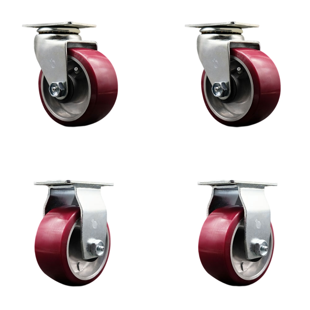Swivel and Rigid Top Plate Caster Set – Maroon 4 Inch by 2 Inch Polyurethane on Aluminum Wheel – Ball Bearing – 1,800 lbs. Total Capacity – Includes 2 Swivel and 2 Rigid Casters–Service Caster Brand — photo 1