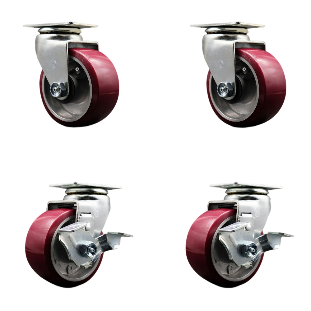 Swivel Top Plate Caster Set – Maroon 4 Inch by 2 Inch Poly on Aluminum Wheel – Roller Bearing – 1,800 lbs. Total Capacity – Includes 2 Locking Swivel Casters and 2 Swivel Casters– Service Caster Brand — photo 1