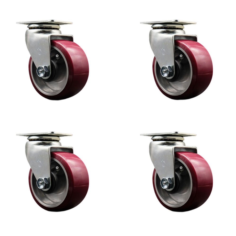 Swivel Top Plate Caster Set – Maroon 4 Inch by 2 Inch Polyurethane on Aluminum Wheel – Ball Bearing – 1,800 lbs. Total Capacity – Includes 4 Swivel Casters – Service Caster Brand — photo 1