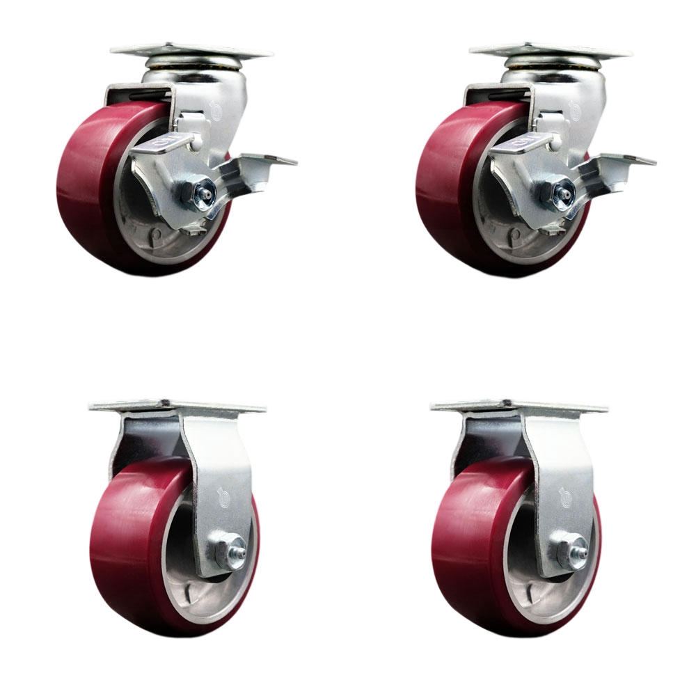 Swivel and Rigid Plate Caster Set – Maroon 4 Inch by 2 Inch Polyurethane on Aluminum Wheel – Roller Bearing–1,800 lbs. Total Capacity–Includes 2 Locking Swivel and 2 Rigid Casters–Service Caster Brand — photo 1