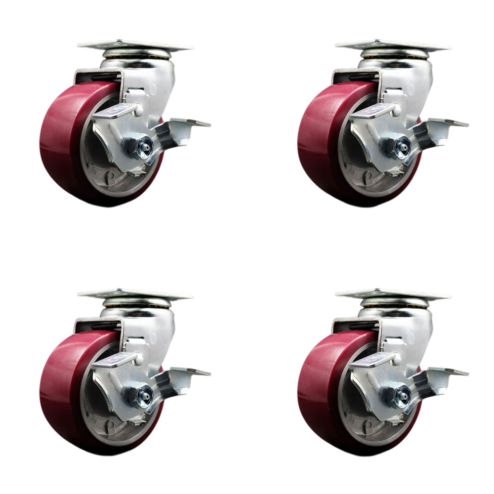 Swivel Top Plate Caster Set – Maroon 4 Inch by 2 Inch Polyurethane on Aluminum Wheel – Ball Bearing – 1,800 lbs. Total Capacity–Includes 4 Swivel Casters with Top Locking Brakes–Service Caster Brand — photo 1