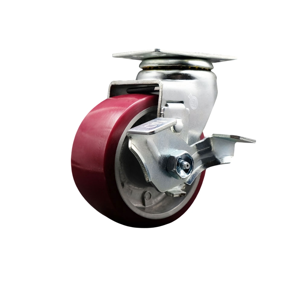 Swivel Top Plate Caster – Maroon 4 Inch by 2 Inch Polyurethane on Aluminum Wheel – Roller Bearing – 450 lbs. Capacity Per Caster – Includes Top Locking Brake - Service Caster Brand — photo 1