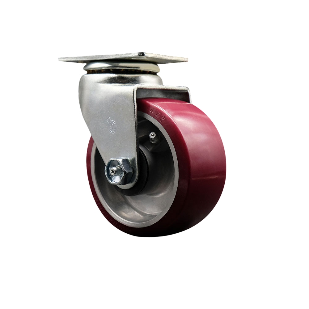 Swivel Top Plate Caster – Maroon 4 Inch by 2 Inch Polyurethane on Aluminum Wheel – Ball Bearing – 450 lbs. Capacity Per Caster – Service Caster Brand — photo 1