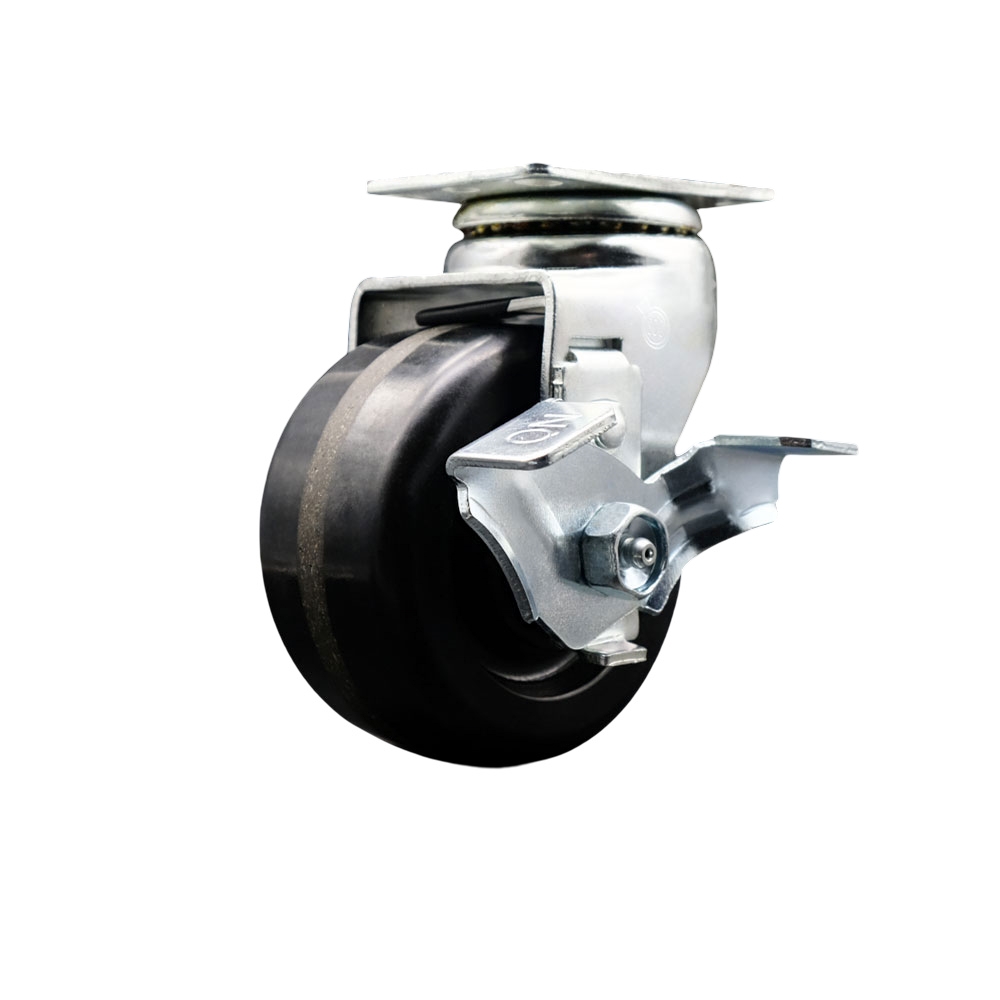 Swivel Top Plate Caster – Black 4 Inch by 2 Inch Phenolic Wheel – Roller Bearing – 450 lbs. Capacity Per Caster – Includes Top Locking Brake - Service Caster Brand — photo 1
