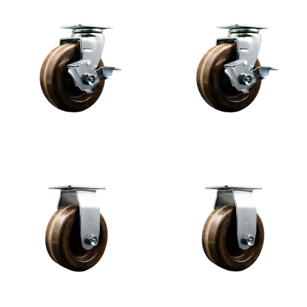 Swivel and Rigid Plate Caster Set – Brown 4 Inch by 2 Inch High Temp Phenolic Wheel – Roller Bearing – 1,800 lbs. Total Capacity – Includes 2 Locking Swivel and 2 Rigid Casters – Service Caster Brand — photo 1