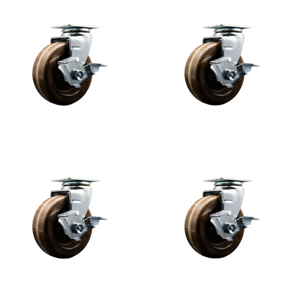 Swivel Top Plate Caster Set – Black 4 Inch by 2 Inch High Temperature Phenolic Wheel – Bronze Bearing –1,800 lbs. Total Capacity–Includes 4 Swivel Casters with Locking Brakes–Service Caster Brand — photo 1