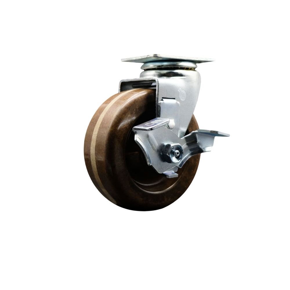 Swivel Top Plate Caster – Brown 4 Inch by 2 Inch High Temperature Phenolic Wheel – Roller Bearing – 450 lbs. Capacity Per Caster – Includes Top Locking Brake - Service Caster Brand — photo 1